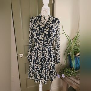 Tommy Hilfiger Odette Floral Chiffon Ruffle Dress Women's 4 Navy Blue Yellow